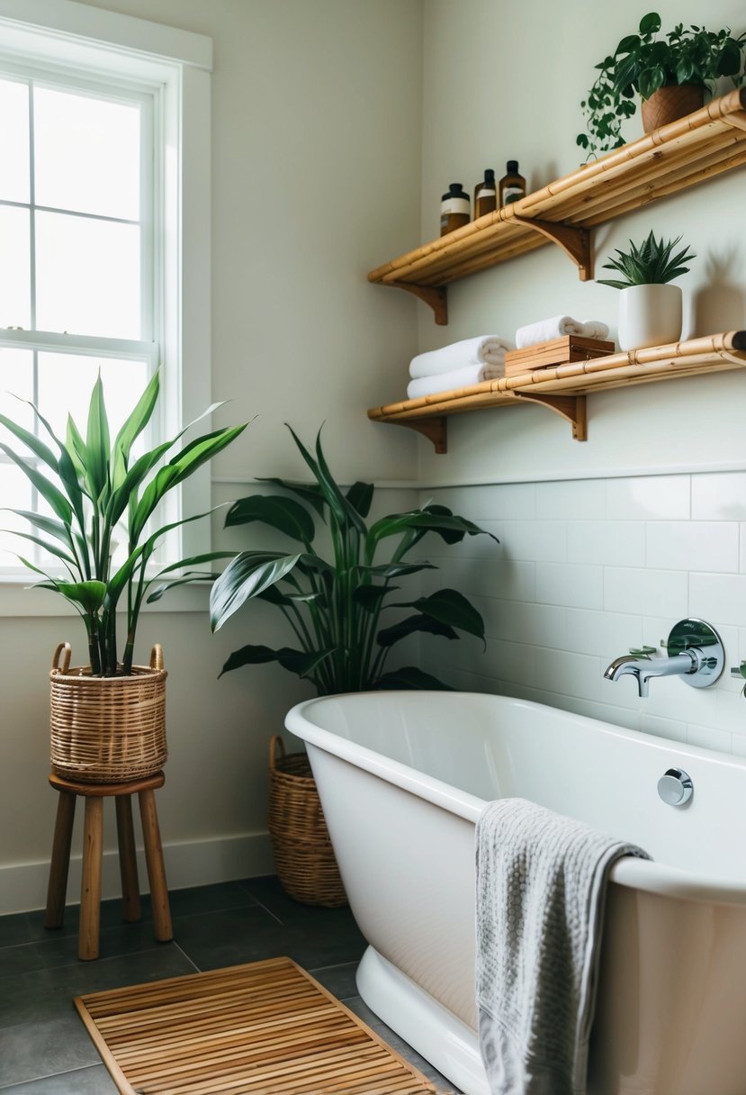 6 Stylish Bathroom Decor Ideas for a Fresh Look 3 A serene bathroom with bamboo shelves, wooden bath mat, and plant-filled corner