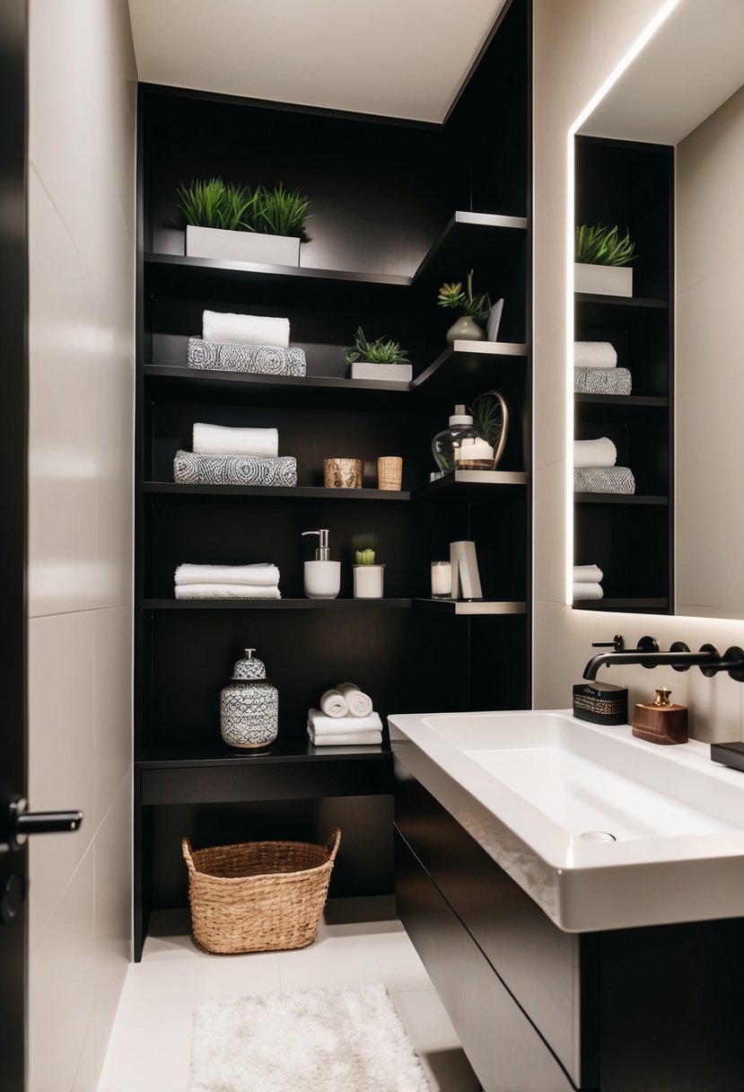 6 Stylish Bathroom Decor Ideas for a Fresh Look 4 A modern bathroom with open shelving showcasing stylish storage and decorative items