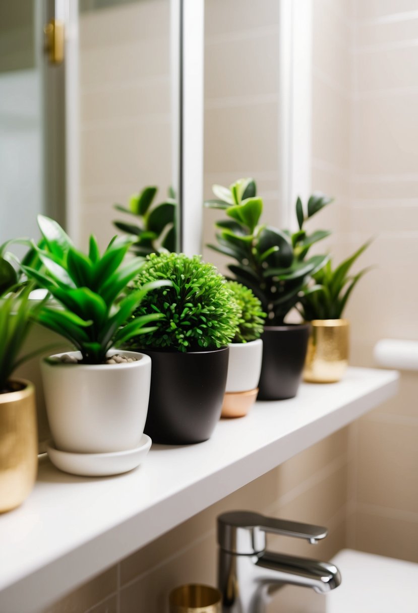 6 Stylish Bathroom Decor Ideas for a Fresh Look 6 Several small faux plants arranged on a bathroom shelf, adding a touch of greenery to the decor