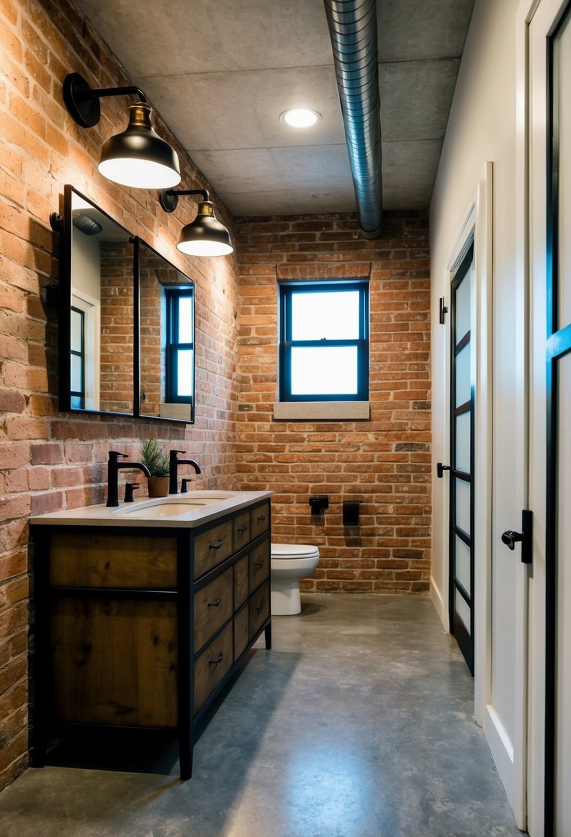 6 Stylish Bathroom Decor Ideas for a Fresh Look 7 A spacious bathroom with exposed brick walls, concrete floors, and metal light fixtures hanging from the ceiling