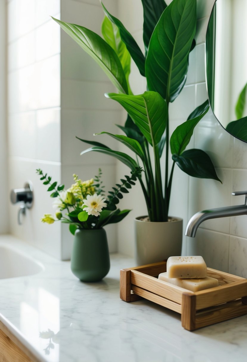 6 Stylish Bathroom Decor Ideas for a Fresh Look 10 A serene bathroom with leafy green plants, a wooden bath caddy holding natural soaps, and a vase of fresh flowers on the countertop