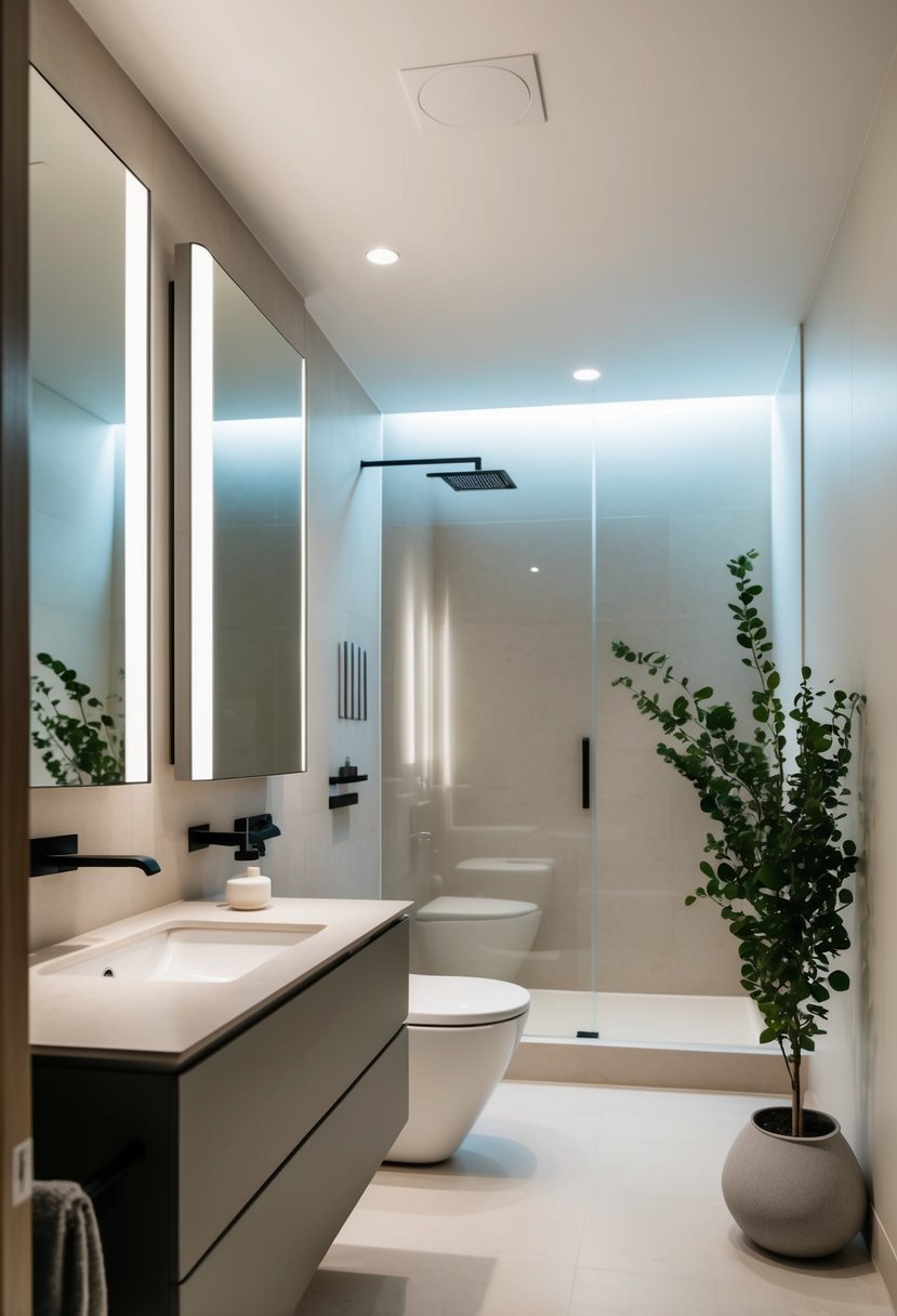 6 Stylish Bathroom Decor Ideas for a Fresh Look 11 A modern bathroom with a minimalist design, featuring sleek fixtures, a neutral color palette, and a touch of greenery for a spa-like atmosphere
