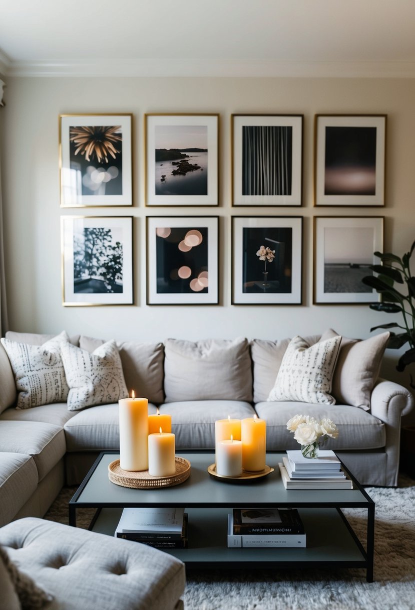 Transform Your Home Decor Ideas Living Room Space with Style 2 A cozy living room with a large, plush sofa, a coffee table adorned with candles and books, and an artfully arranged gallery wall of framed prints