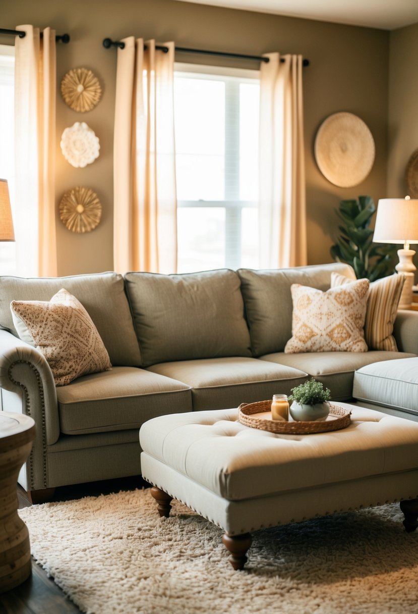Transform Your Home Decor Ideas Living Room Space with Style 3 A cozy living room with a plush sofa, coffee table, soft rug, and warm lighting. Subtle earthy tones and decorative accents create a welcoming atmosphere