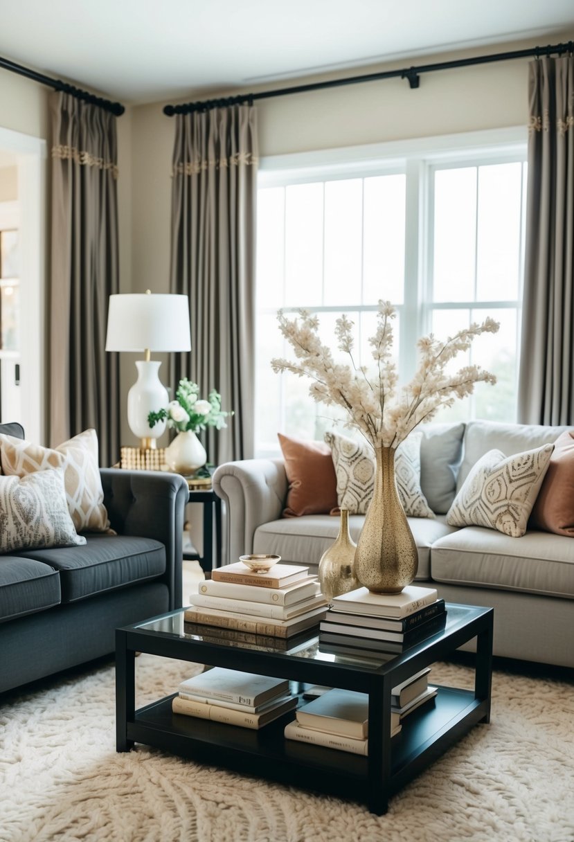Transform Your Home Decor Ideas Living Room Space with Style 4 A cozy living room with stylish decor: throw pillows, decorative vases, and artfully arranged books on a coffee table. A soft rug and elegant curtains complete the look