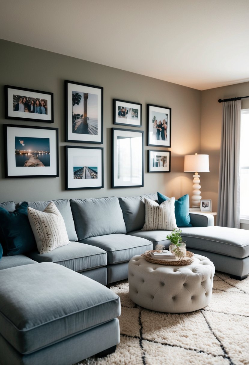 Transform Your Home Decor Ideas Living Room Space with Style 5 A cozy living room with a large, plush sectional sofa, a soft area rug, and a decorative gallery wall featuring framed artwork and photographs