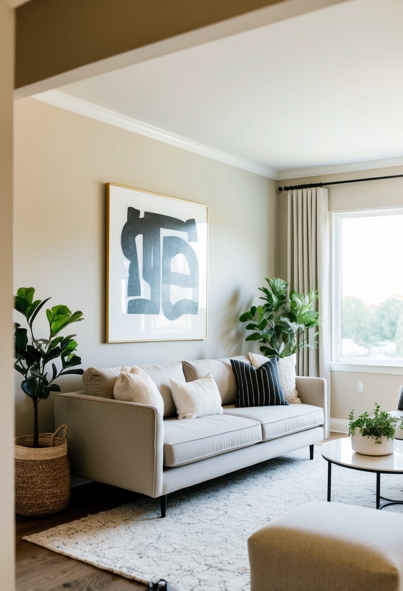 Transform Your Home Decor Ideas Living Room Space with Style 6 A cozy living room with a neutral color scheme, a plush sofa, and a statement wall art piece. A large window lets in natural light, and potted plants add a touch of greenery