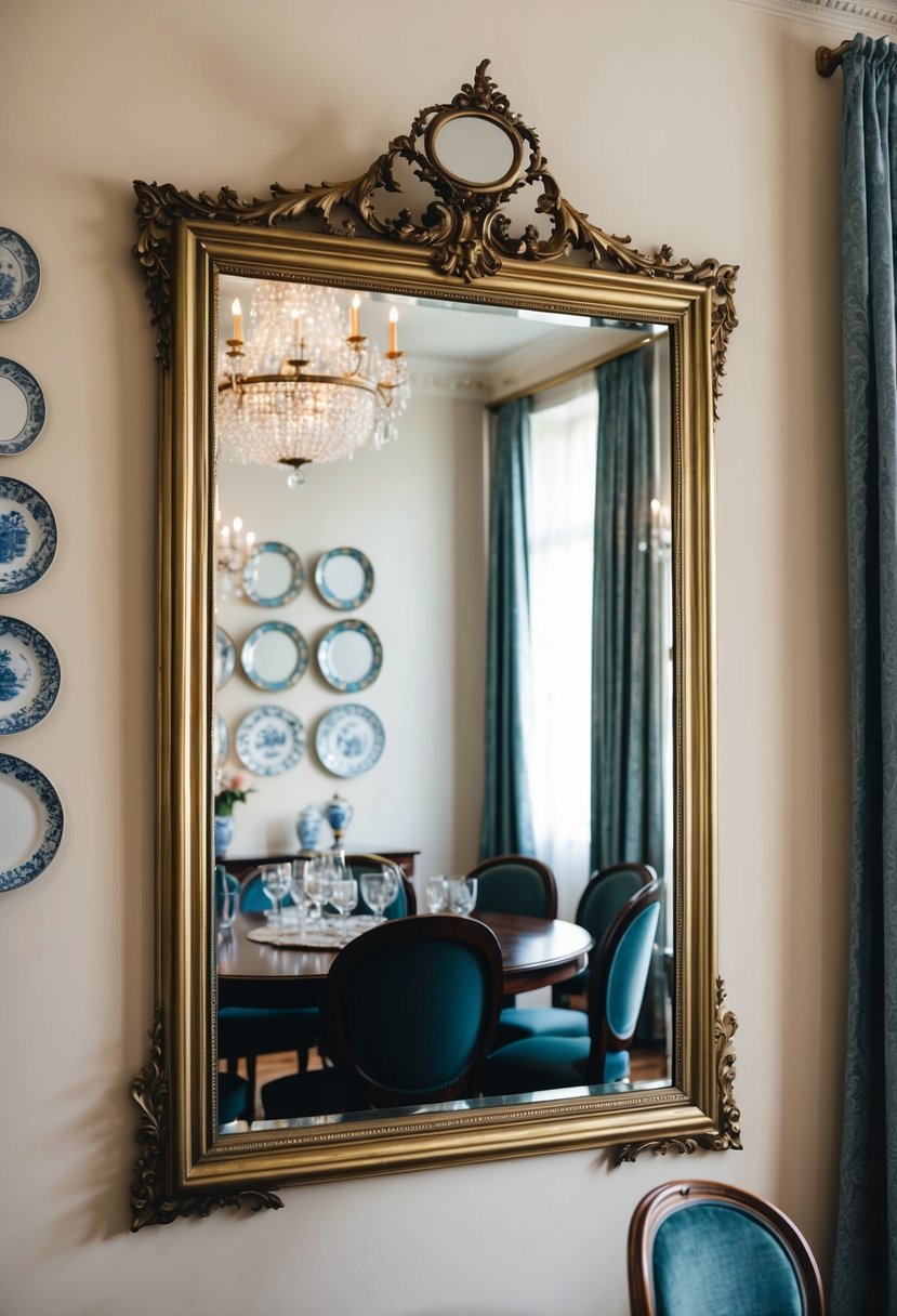 5 Dining Room Wall Decor Ideas to Transform Your Space 2 A large, ornate mirror reflects the elegant dining room. A set of antique plates in decorative frames adorn the wall