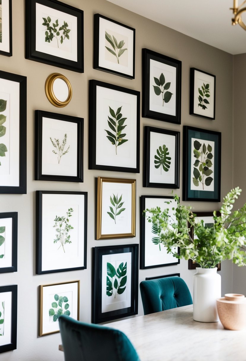 5 Dining Room Wall Decor Ideas to Transform Your Space 3 A dining room wall adorned with an array of framed botanical prints in various sizes and styles