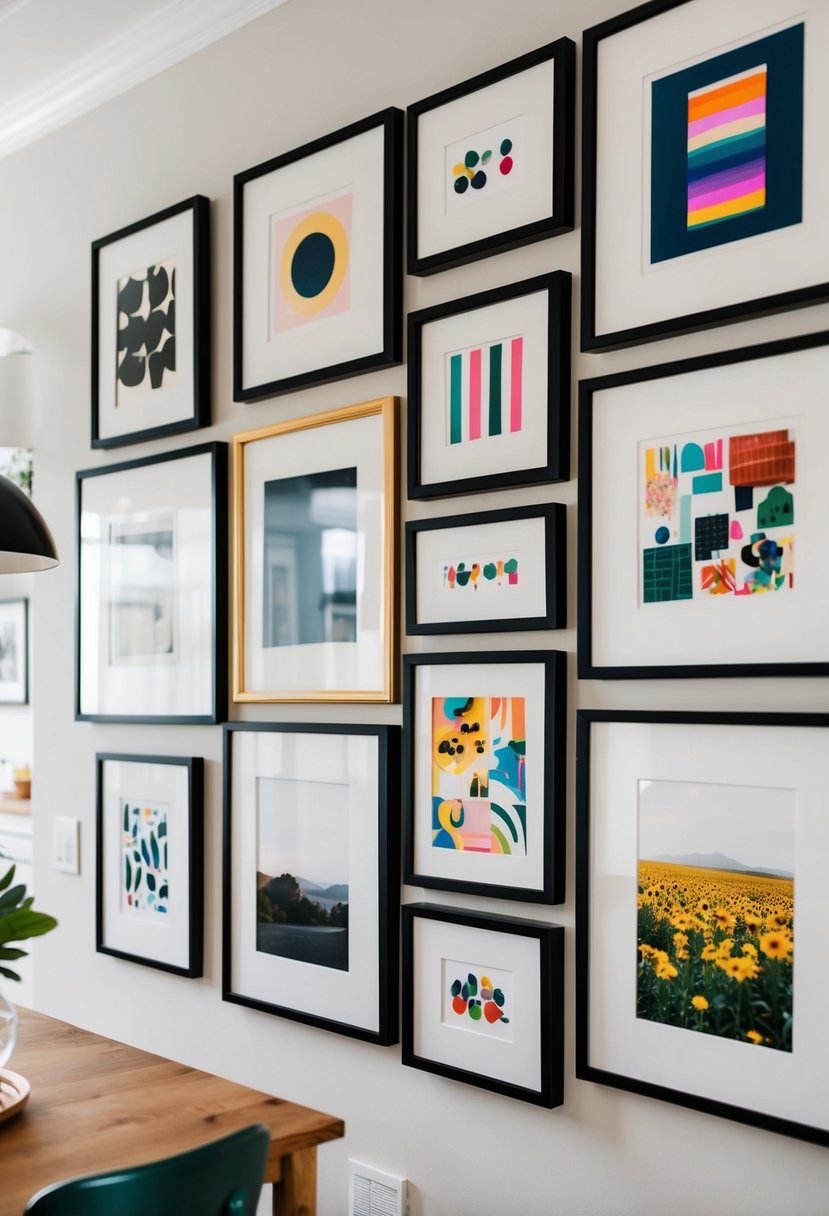 5 Dining Room Wall Decor Ideas to Transform Your Space 5 A collection of framed artwork arranged in a stylish and eclectic manner on a dining room wall