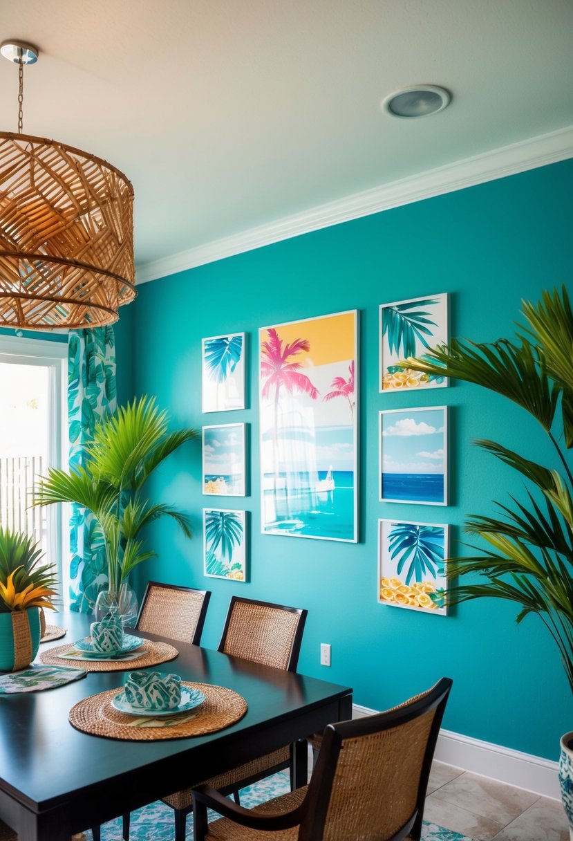 5 Dining Room Wall Decor Ideas to Transform Your Space 7 A dining room wall adorned with tropical island-themed decor, featuring vibrant colors, palm leaves, and ocean motifs