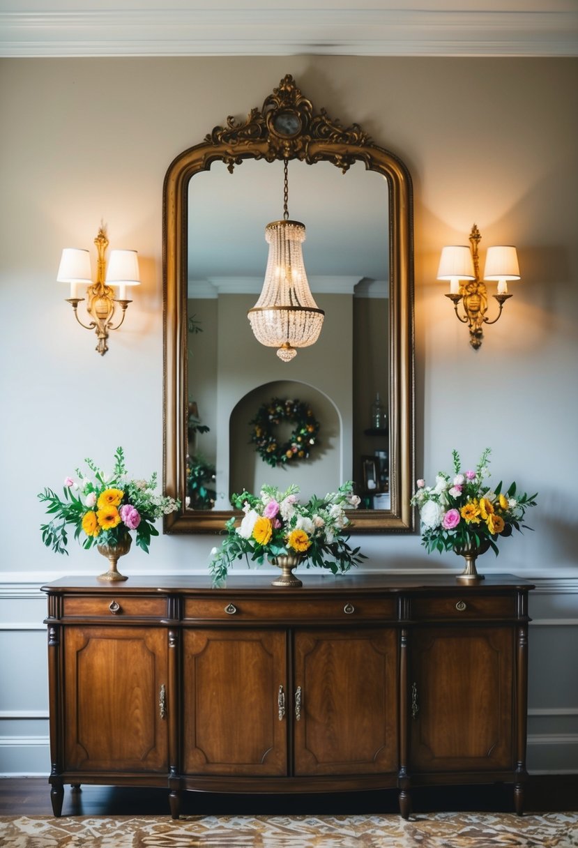 5 Dining Room Wall Decor Ideas to Transform Your Space 8 A dining room with a large, ornate mirror as the focal point, surrounded by vintage sconces and a wooden buffet table adorned with fresh flowers
