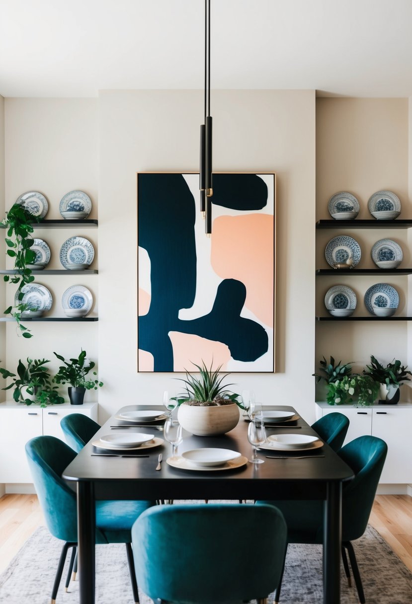 5 Dining Room Wall Decor Ideas to Transform Your Space 9 A dining room with a large abstract painting as a focal point, surrounded by minimalist shelves displaying decorative plates and plants