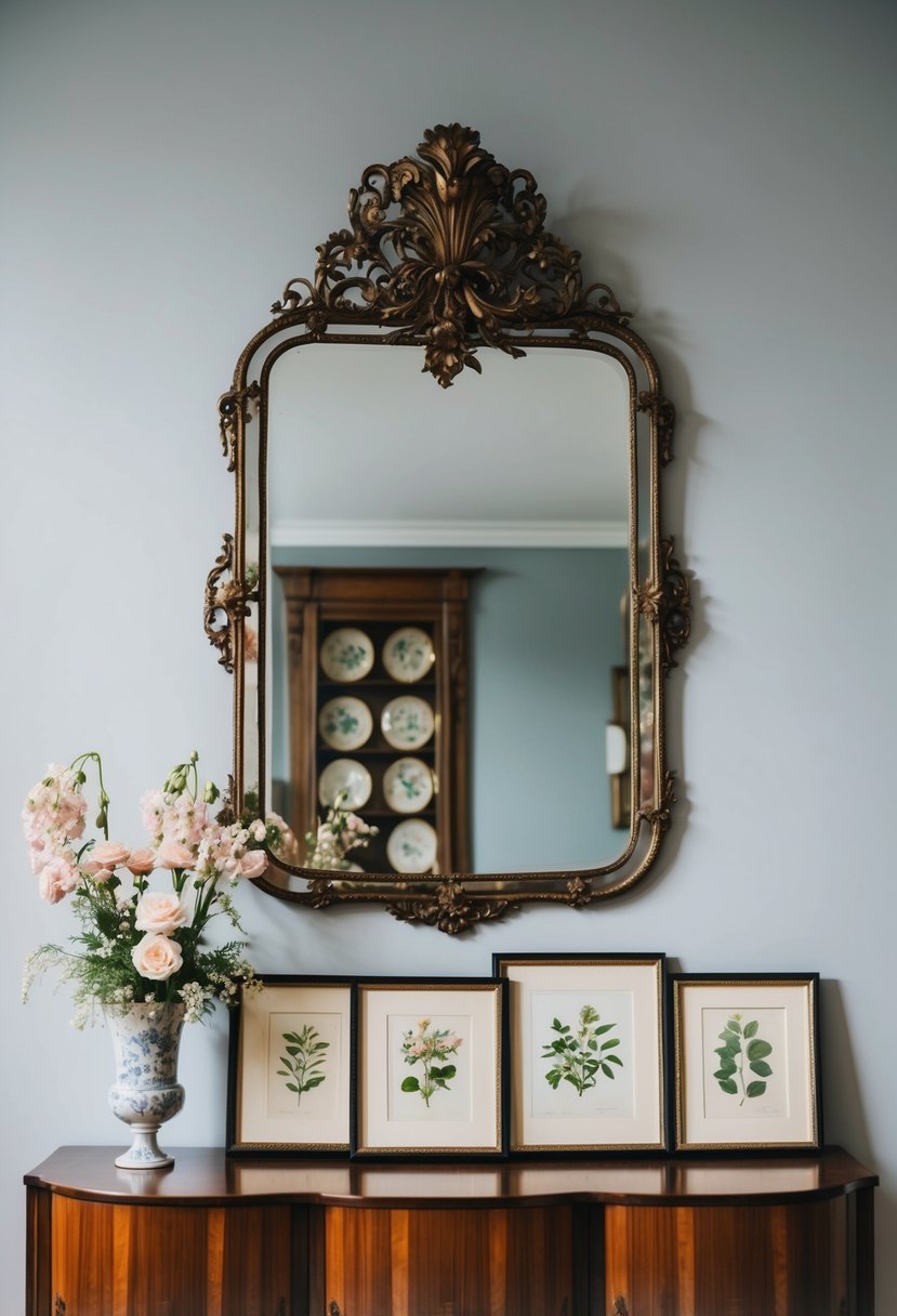 5 Dining Room Wall Decor Ideas to Transform Your Space 10 A large, ornate mirror hangs above a wooden sideboard adorned with a vase of flowers and a collection of framed botanical prints