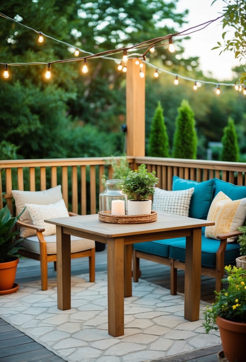 Best Patio Decor Ideas Transform Your Outdoor Space 2 A cozy Patio Decor Ideas with a wooden table, string lights, potted plants, and comfortable seating