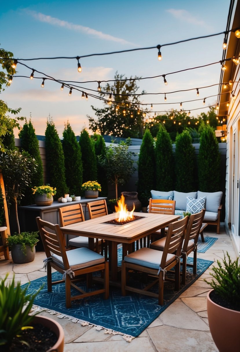 Best Patio Decor Ideas Transform Your Outdoor Space 3 A cozy patio with a wooden dining set, string lights, potted plants, and a small fire pit surrounded by comfortable seating