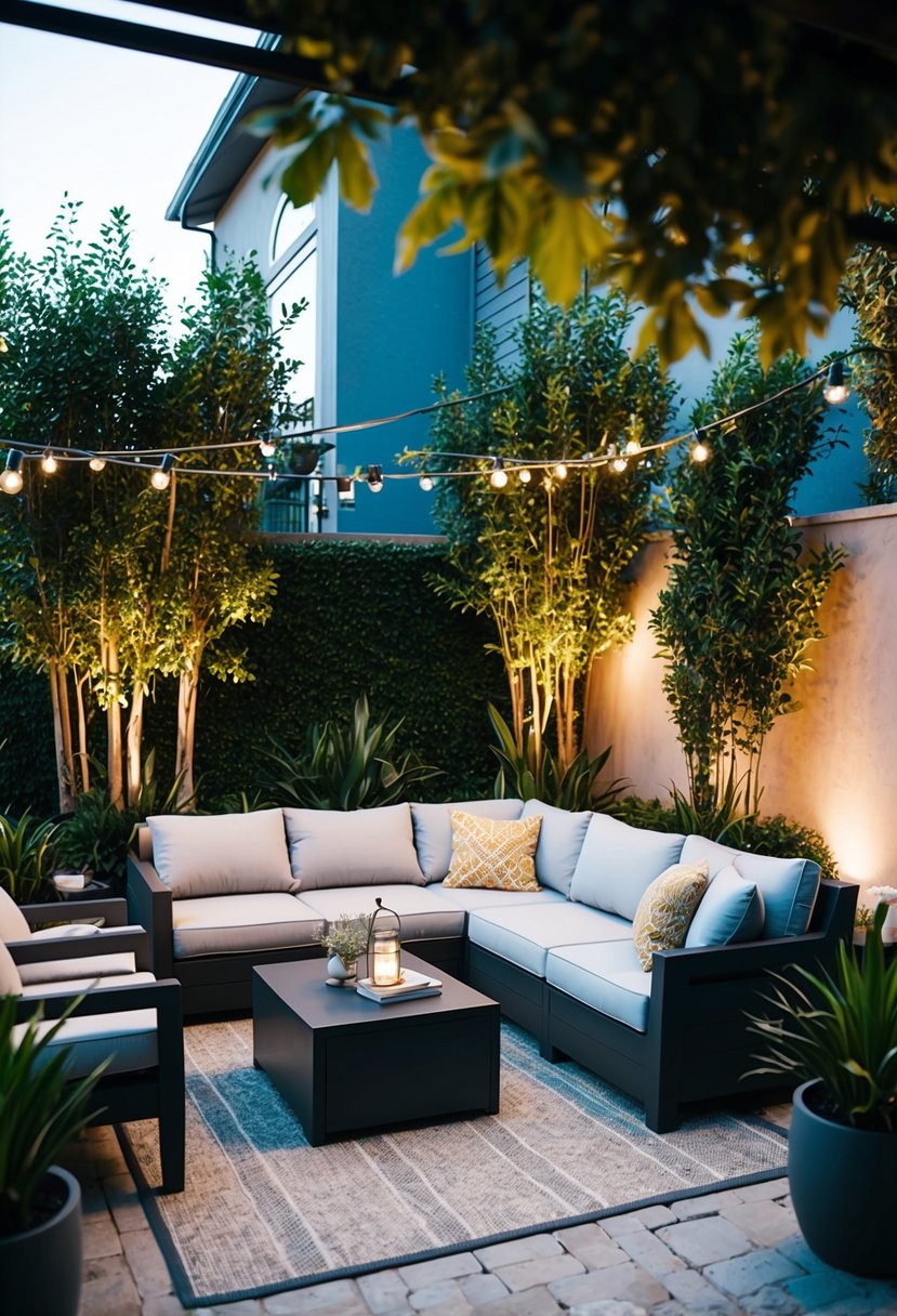 Best Patio Decor Ideas Transform Your Outdoor Space 5 A cozy outdoor patio with a modern sectional sofa, a stylish coffee table, and a pair of comfortable armchairs surrounded by lush green plants and decorative lighting