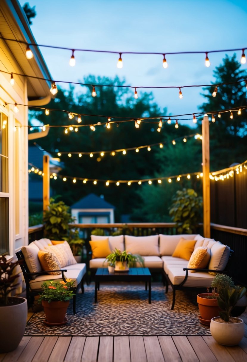Best Patio Decor Ideas Transform Your Outdoor Space 6 A cozy outdoor patio with string lights, potted plants, and comfortable seating