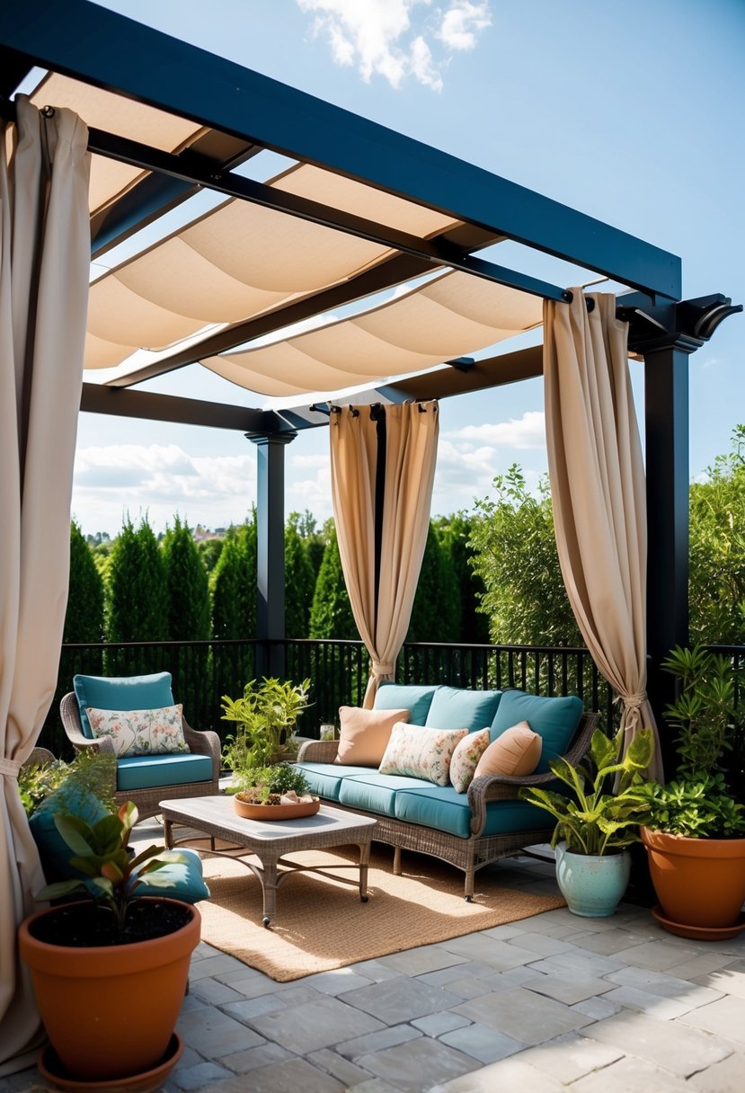 Best Patio Decor Ideas Transform Your Outdoor Space 7 A cozy outdoor patio with a pergola covered in flowing curtains, surrounded by potted plants and comfortable seating for relaxation and privacy