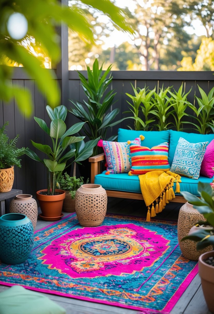 Best Patio Decor Ideas Transform Your Outdoor Space 8 A vibrant outdoor rug anchors a cozy seating area surrounded by potted plants, colorful throw pillows, and textured lanterns