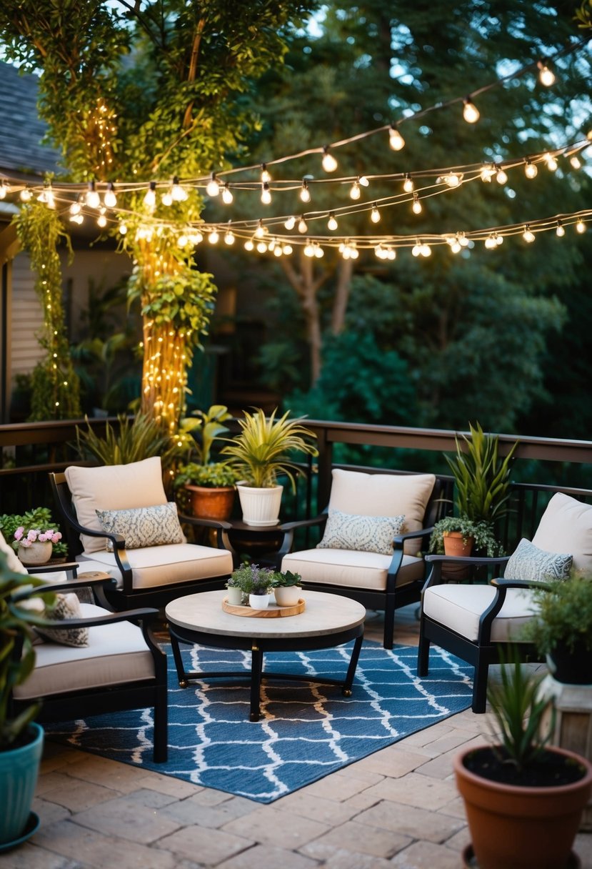 Best Patio Decor Ideas Transform Your Outdoor Space 10 A cozy outdoor patio adorned with potted plants, string lights, and comfortable seating arrangements, creating a welcoming and relaxing atmosphere for entertaining and relaxation