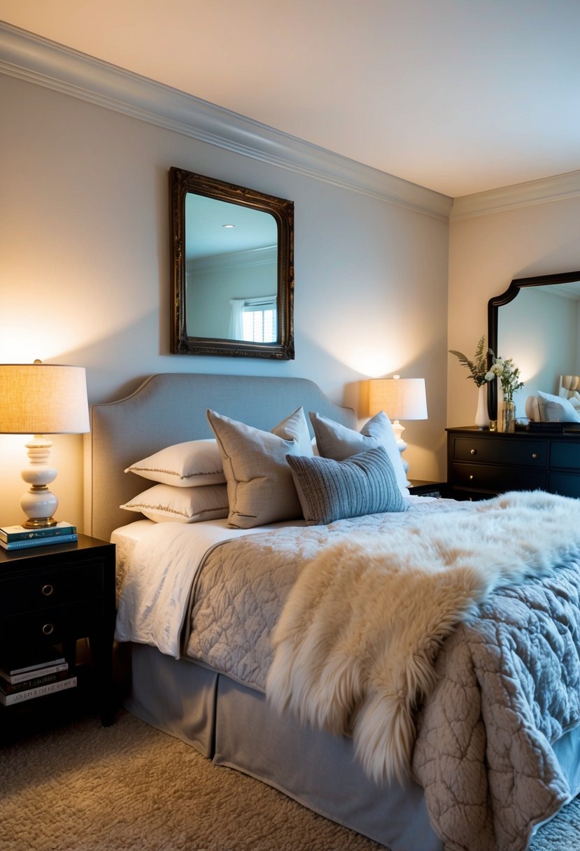6 Bedroom Decor Ideas to Transform Your Space 2 A cozy bedroom with a large, plush bed adorned with throw pillows and a soft, fluffy comforter. A nightstand with a lamp and a stack of books sits beside the bed. A large, ornate mirror hangs on the wall above a sleek dresser