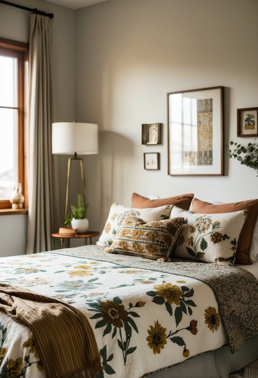 6 Bedroom Decor Ideas to Transform Your Space 4 A cozy bedroom with a modern vintage bedspread, adorned with floral patterns and earthy tones. A mix of old and new decor elements adds character to the space