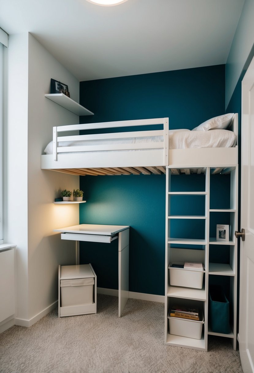 6 Bedroom Decor Ideas to Transform Your Space 5 A small bedroom with a loft bed, wall-mounted shelves, and under-bed storage. A fold-out desk and hanging organizers maximize space
