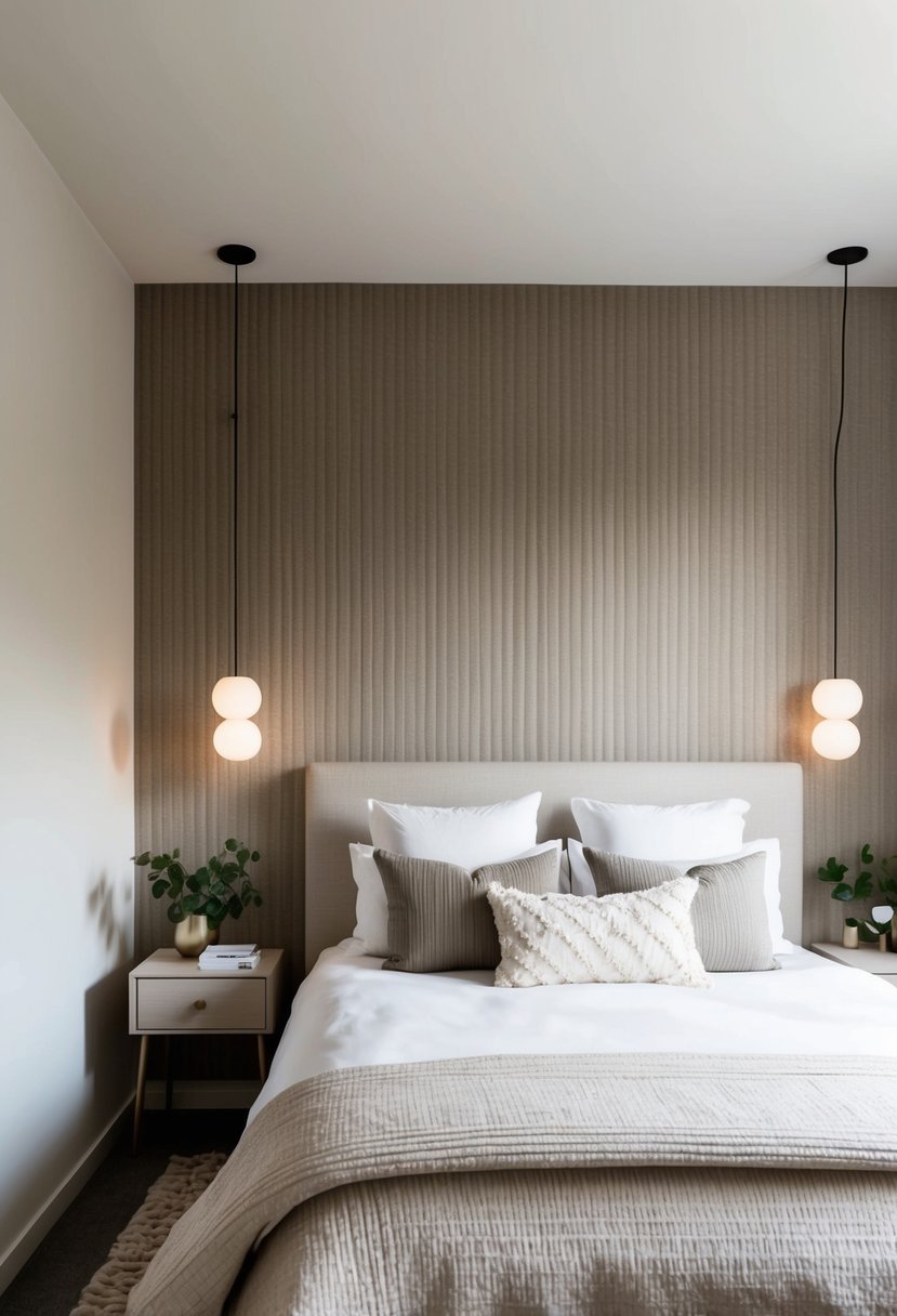 6 Bedroom Decor Ideas to Transform Your Space 6 A cozy bedroom with a neutral accent wall featuring textured wallpaper, complemented by soft lighting and minimalist decor