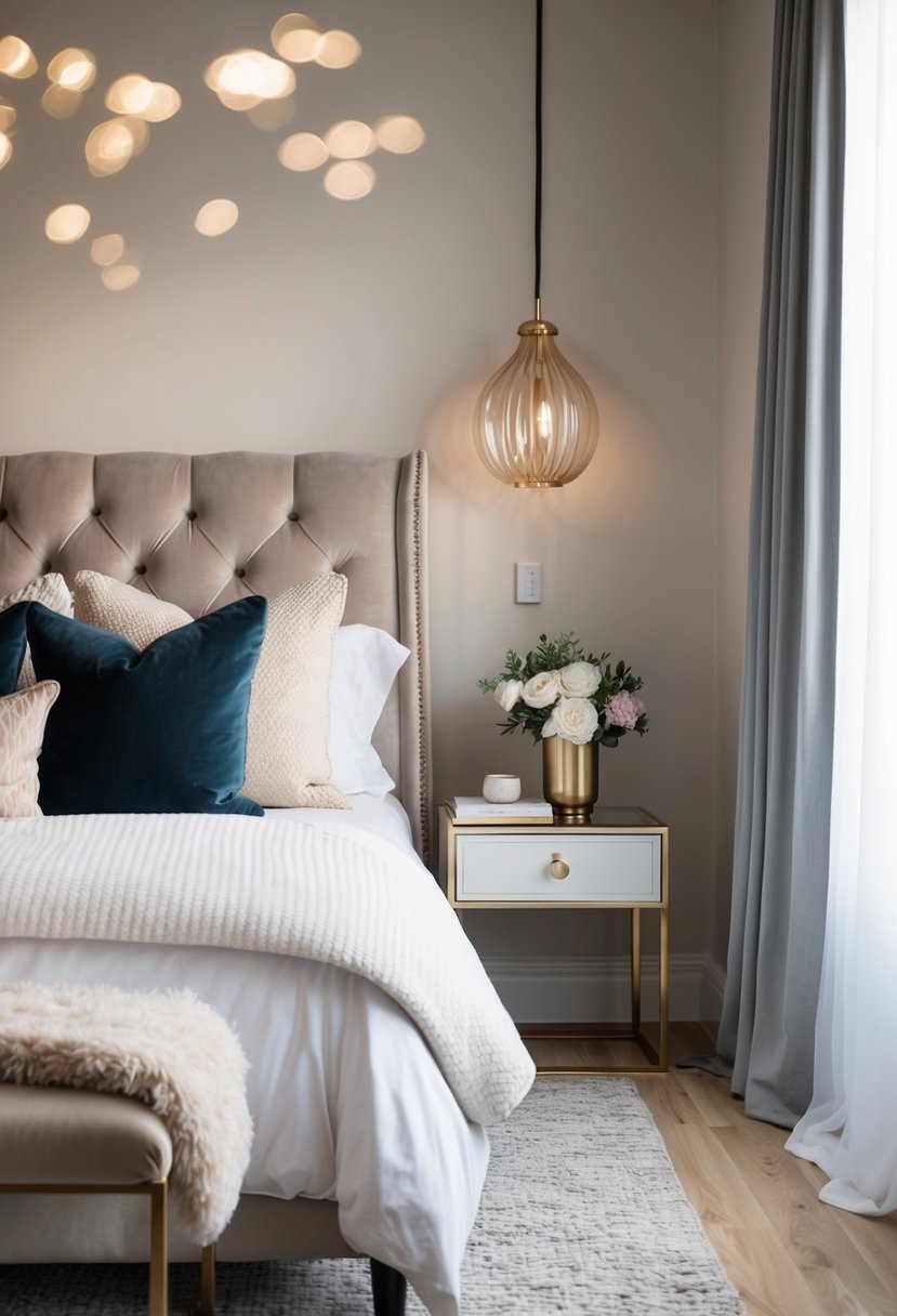 6 Bedroom Decor Ideas to Transform Your Space 7 A cozy bedroom with a plush bed, soft lighting, and chic decor. A stylish nightstand with a vase of flowers completes the look