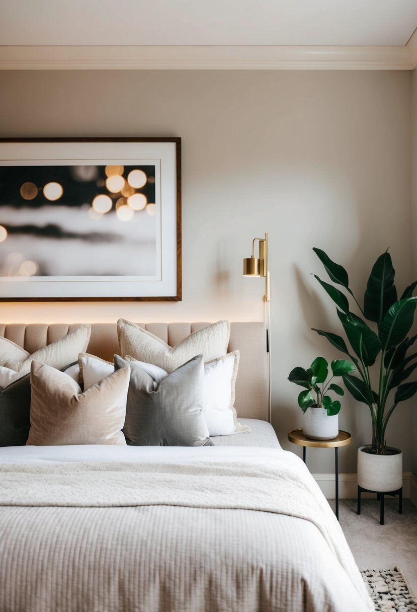 6 Bedroom Decor Ideas to Transform Your Space 9 A cozy bedroom with a neutral color palette, plush bedding, and soft lighting. A large, framed artwork hangs above the bed, and potted plants add a touch of greenery