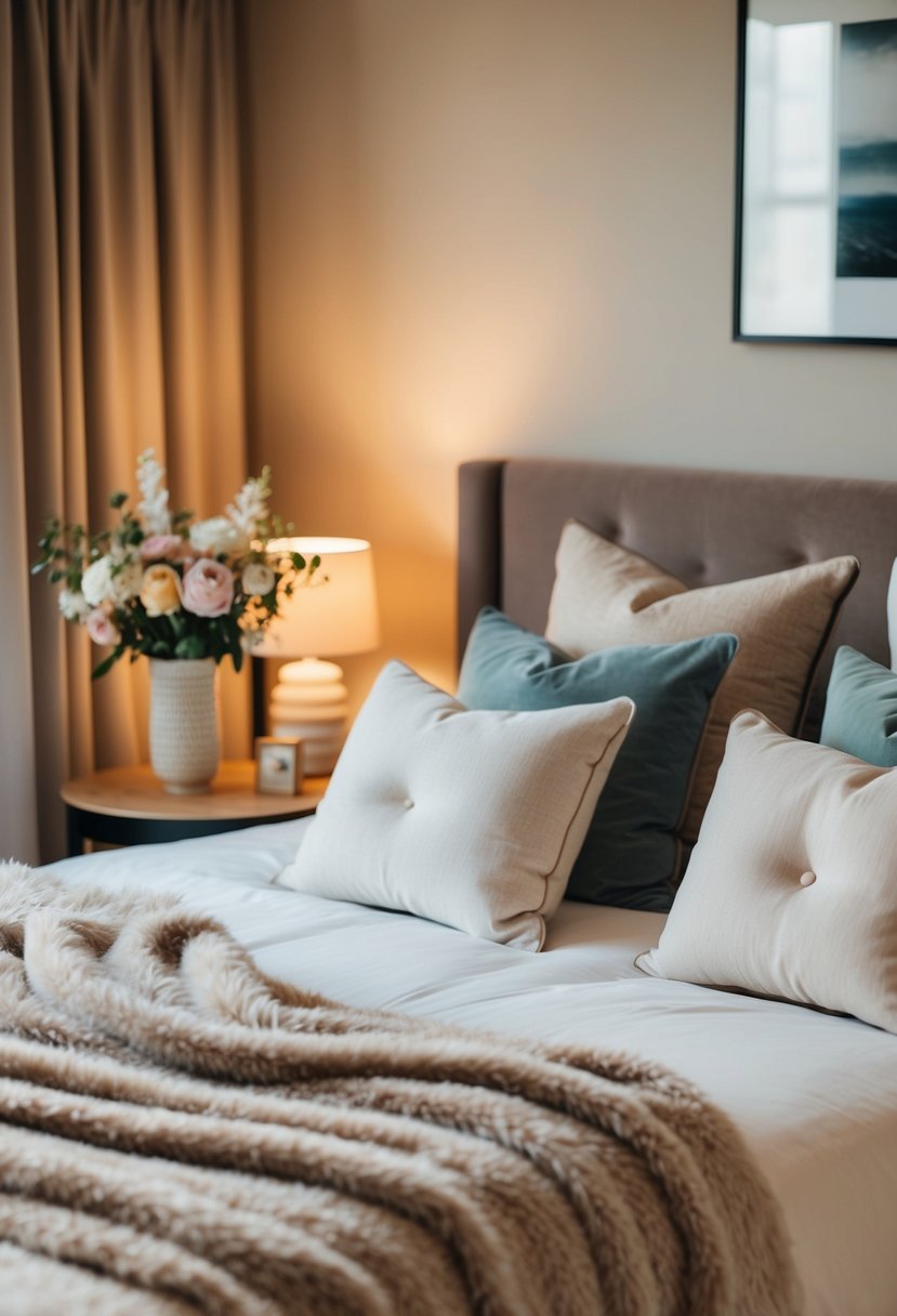 6 Bedroom Decor Ideas to Transform Your Space 10 A cozy bedroom with warm lighting, soft pillows, and a fluffy throw blanket draped over a comfortable bed. A vase of fresh flowers sits on a bedside table