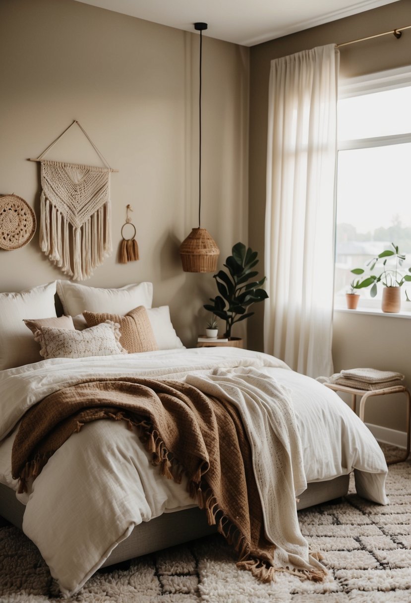 6 Bedroom Decor Ideas to Transform Your Space 11 A cozy bedroom with a neutral color palette, layered textiles, and warm lighting. A mix of modern and bohemian decor elements creates a relaxed and inviting atmosphere