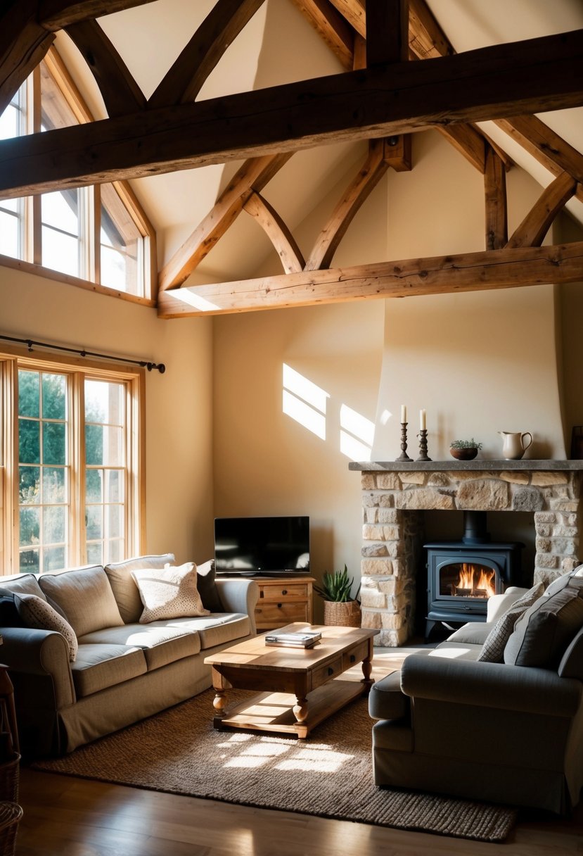 6 Rustic Living Room Elements for a Cozy Stylish Space 2 A cozy, rustic living room with exposed wooden beams, a stone fireplace, and comfortable, well-worn furniture. Sunlight streams in through the windows, casting warm, inviting shadows