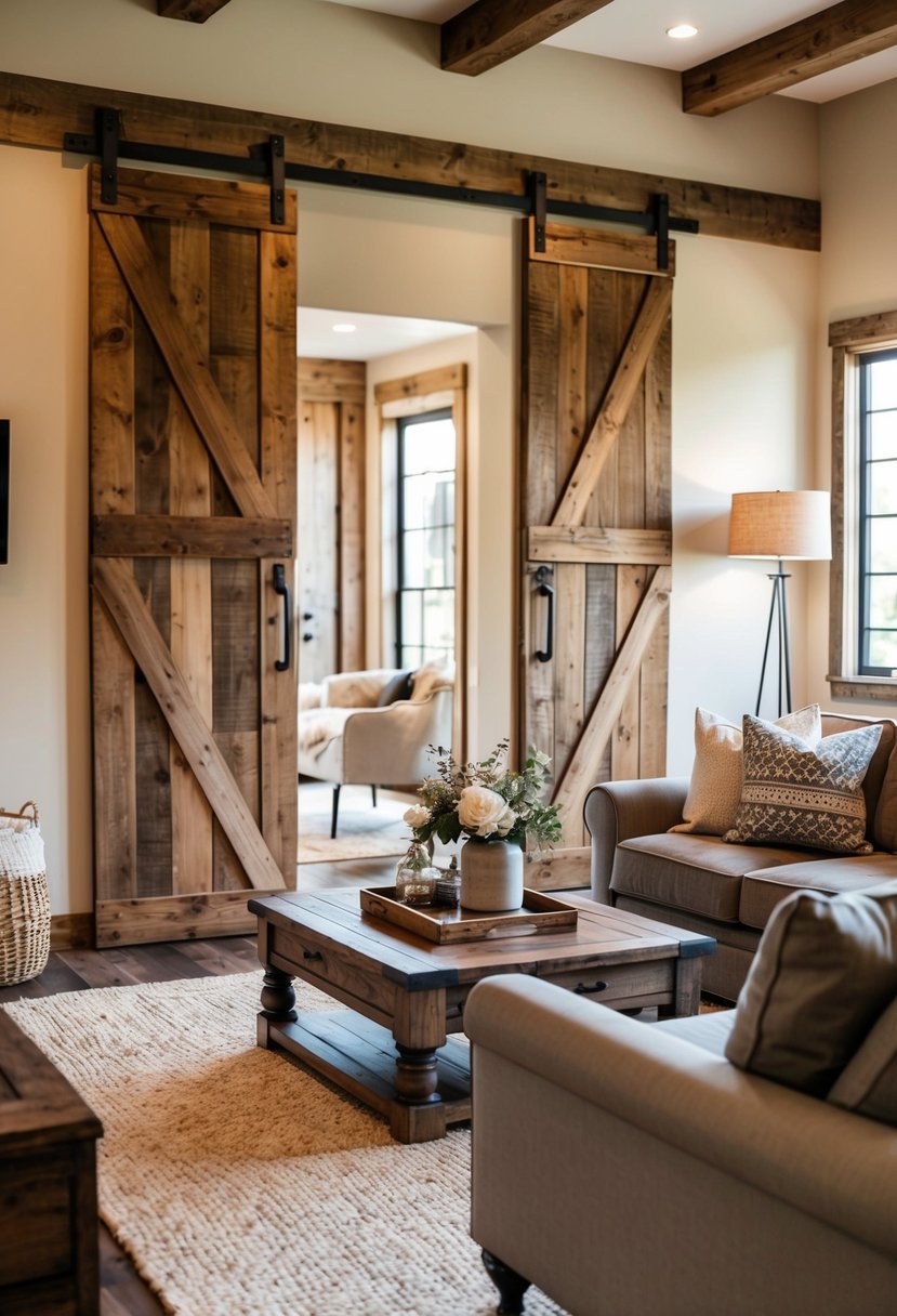 6 Rustic Living Room Elements for a Cozy Stylish Space 3 A cozy, rustic living room with reclaimed wood barn doors and accents