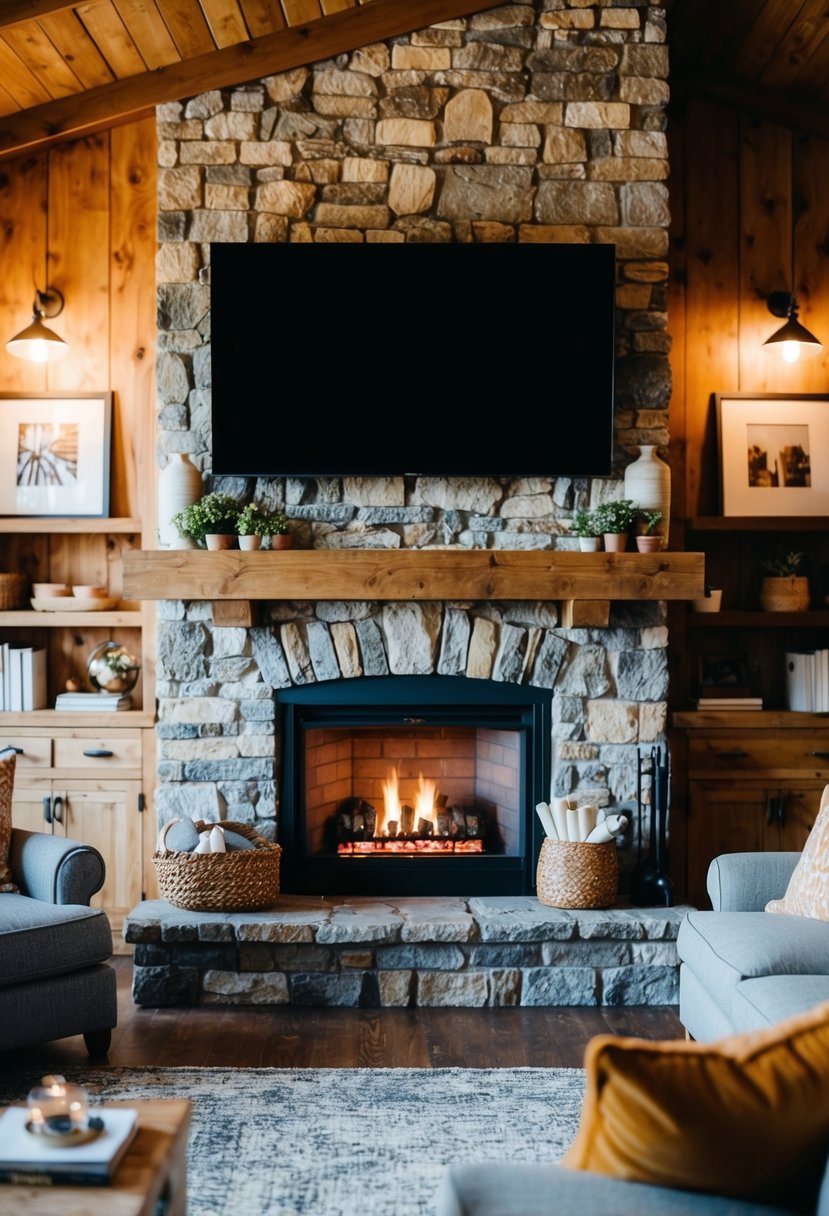 6 Rustic Living Room Elements for a Cozy Stylish Space 5 A stone fireplace stands as the focal point in a cozy, rustic living room, with warm light and comfortable seating