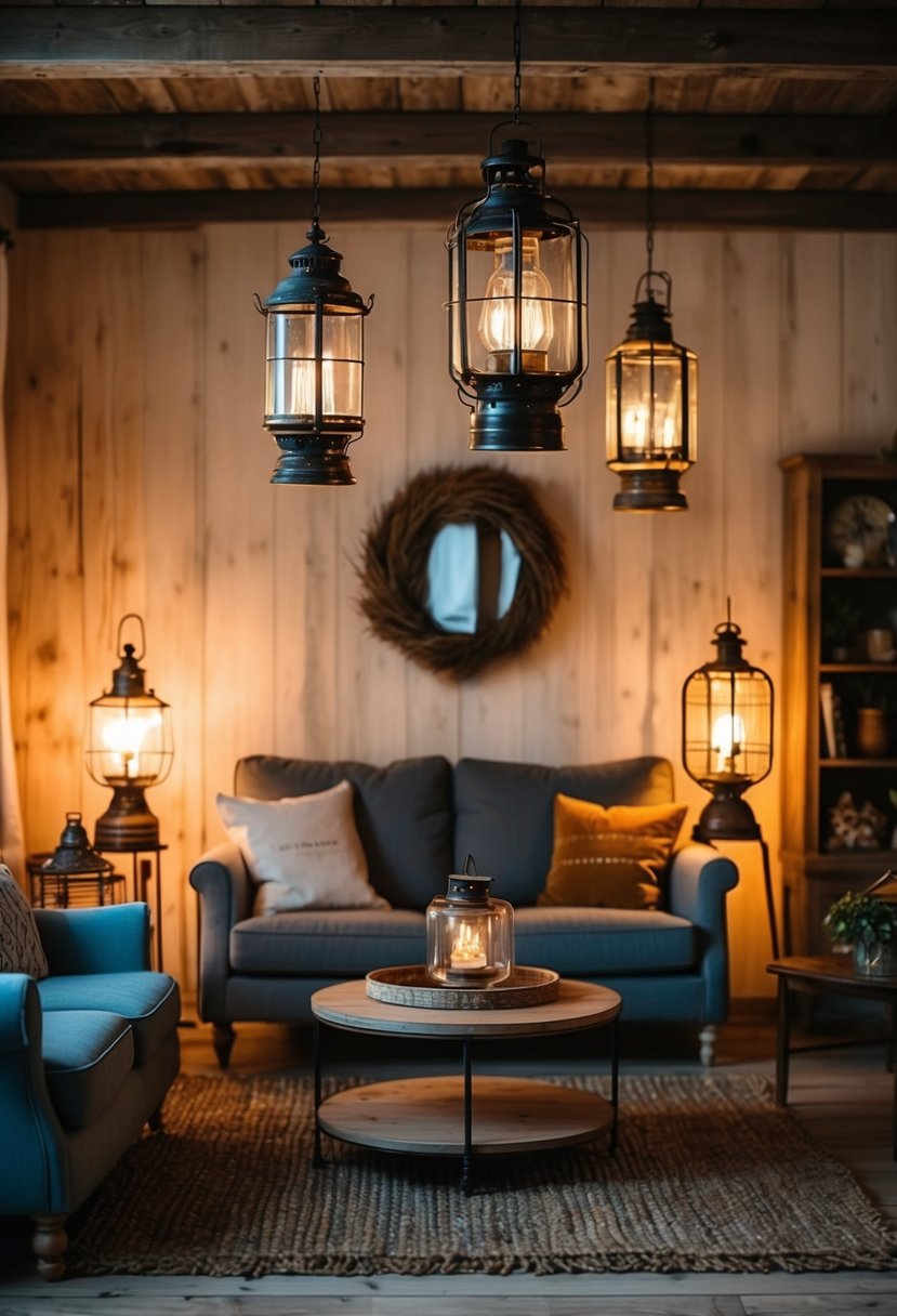 6 Rustic Living Room Elements for a Cozy Stylish Space 7 A rustic living room adorned with vintage lanterns for atmospheric lighting