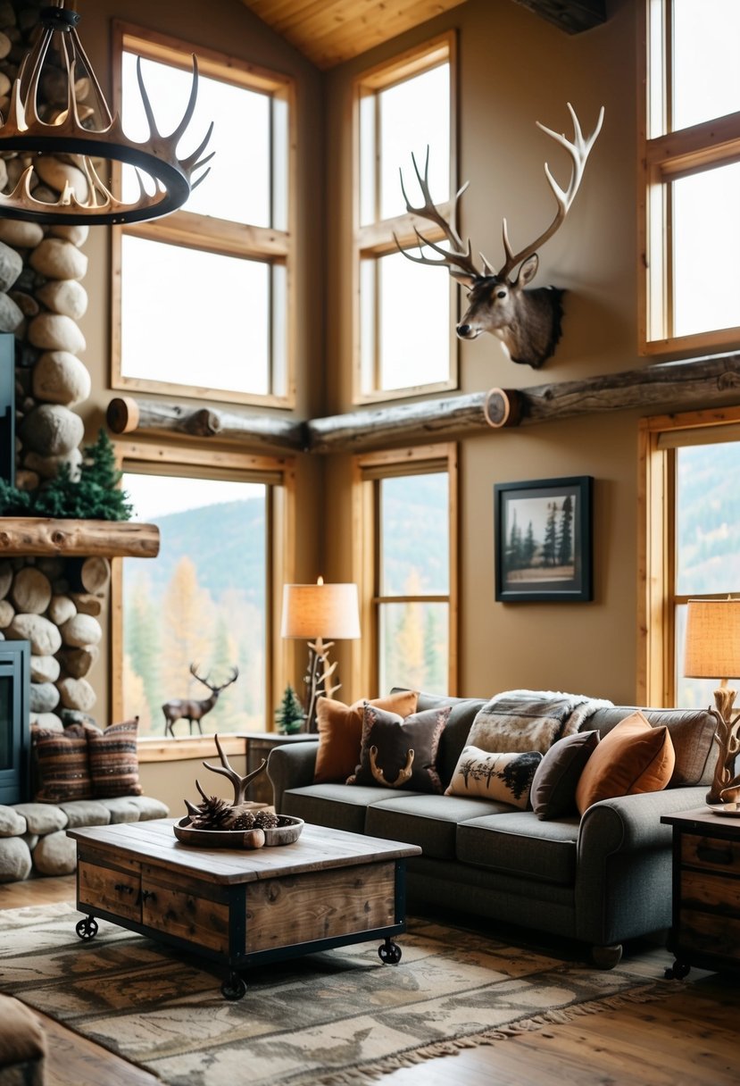 6 Rustic Living Room Elements for a Cozy Stylish Space 8 A cozy living room with antler decor, warm earth tones, and rustic furniture, evoking a lodge-inspired feel