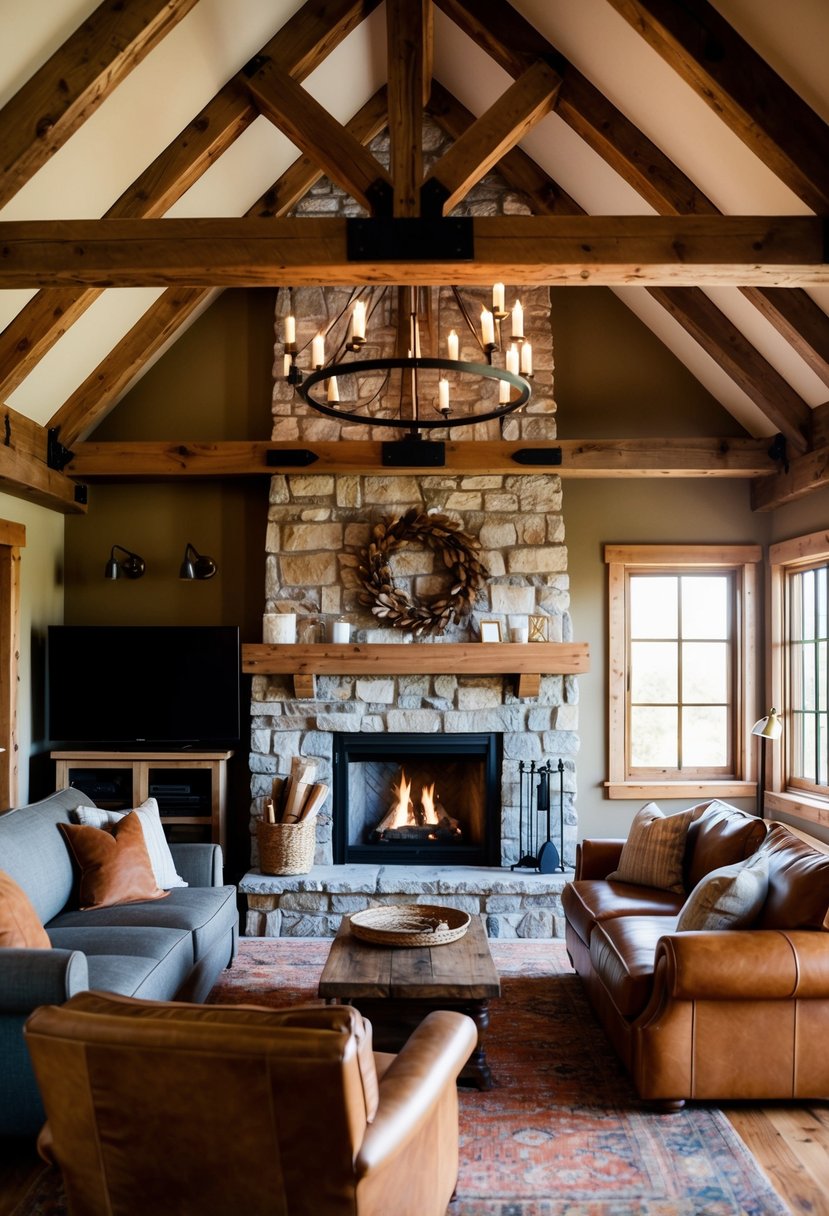 6 Rustic Living Room Elements for a Cozy Stylish Space 10 A cozy rustic living room with exposed wooden beams, a stone fireplace, comfortable leather furniture, and warm earthy tones