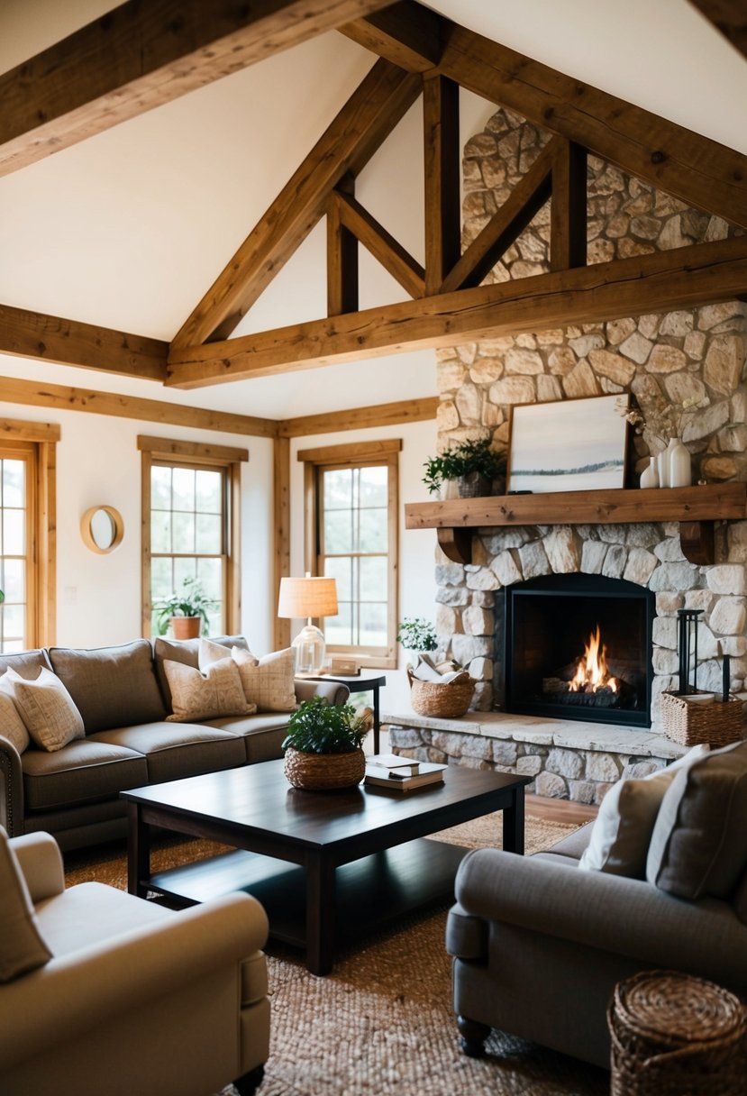 6 Rustic Living Room Elements for a Cozy Stylish Space 11 A cozy rustic living room with a stone fireplace, wooden beams, and comfortable furniture arranged around a large coffee table. A warm, inviting atmosphere with soft lighting and natural elements