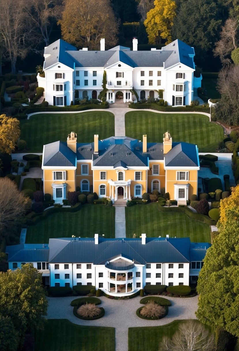 5 Biggest House in the World 3 Aerial view of the 5 largest houses in the world, each with unique architectural features and sprawling grounds