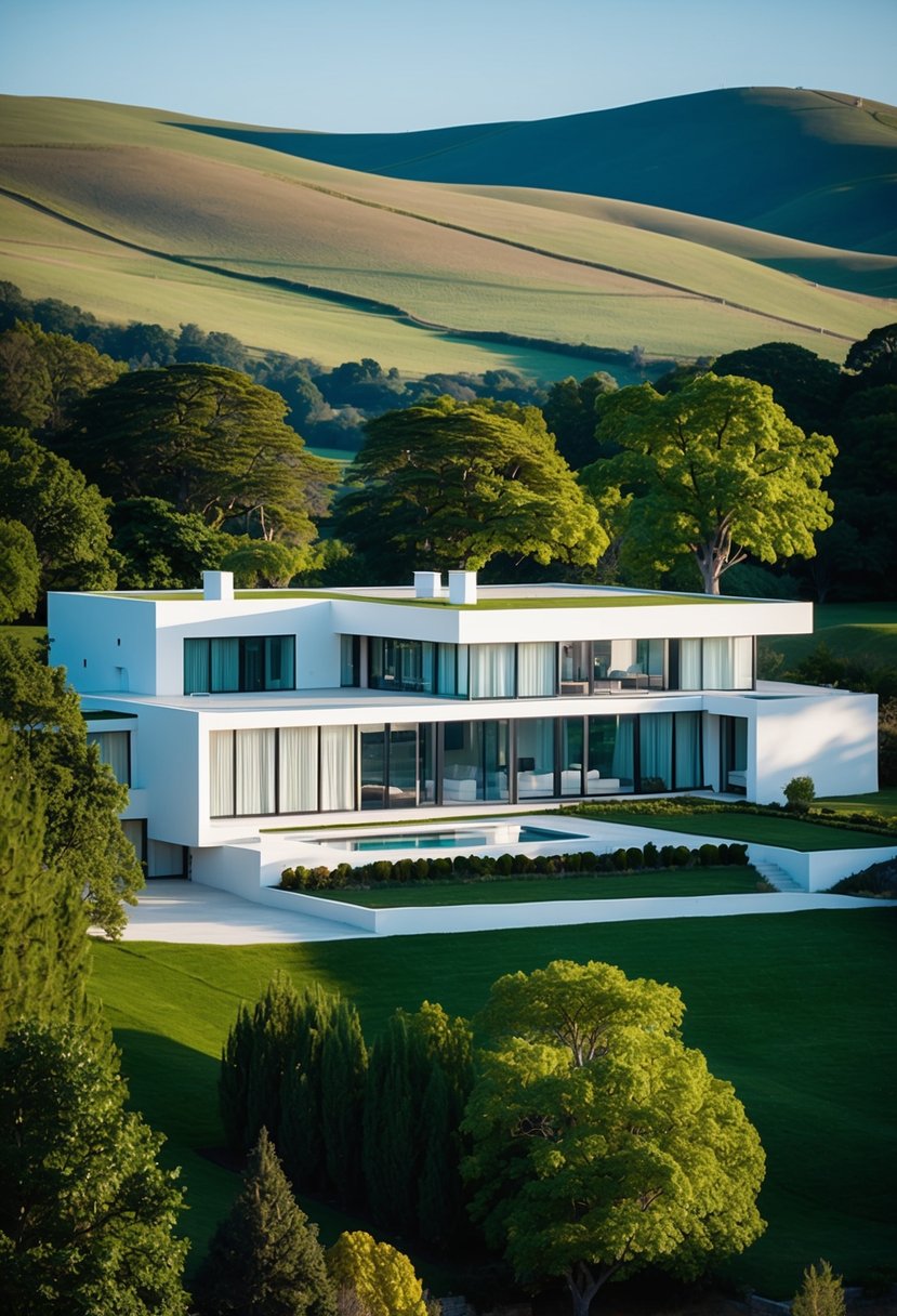 5 Biggest House in the World 5 A sprawling modern mansion with sleek lines and expansive glass windows, surrounded by lush greenery and set against a backdrop of rolling hills