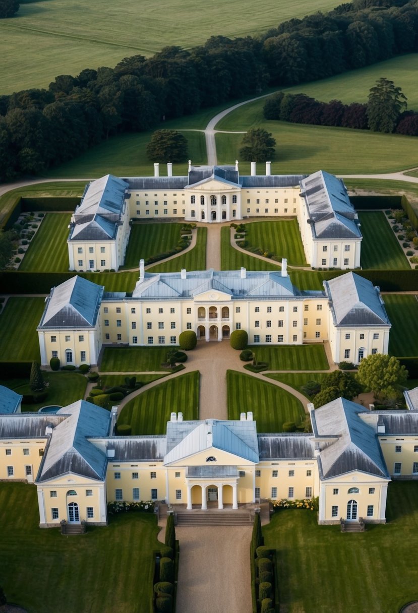 5 Biggest House in the World 6 Aerial view of 5 grand mansions with sprawling gardens and multiple wings, surrounded by lush landscapes and grand entrances