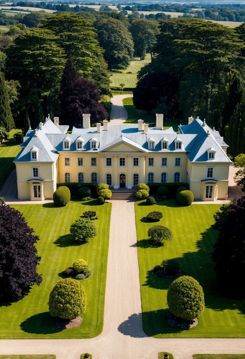 5 Biggest House in the World 7 A grand mansion on a sprawling estate, surrounded by lush gardens and towering trees, with a majestic facade and multiple wings
