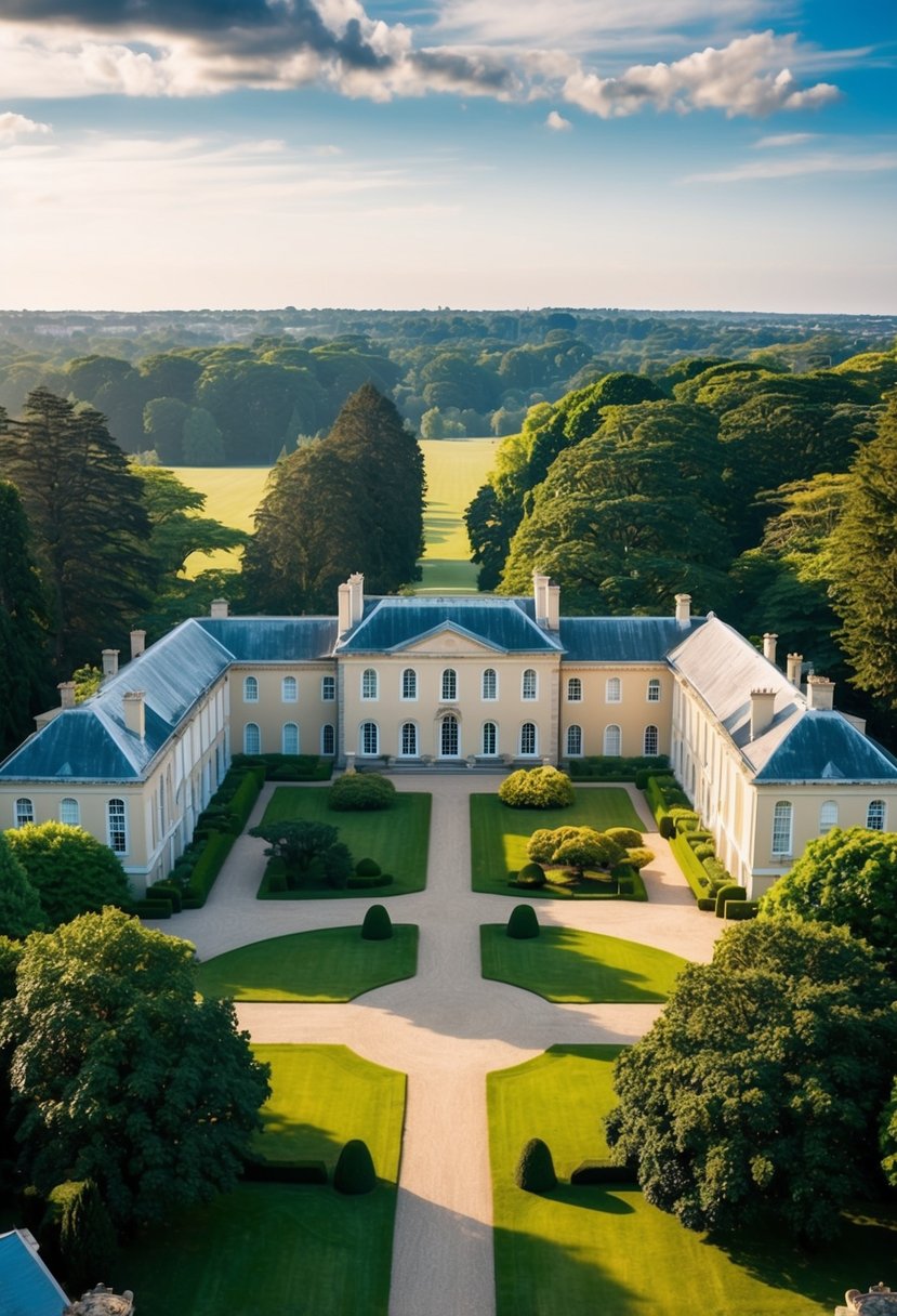 5 Biggest House in the World 8 A sprawling mansion surrounded by lush gardens and towering trees, with grand architecture and multiple wings stretching out in all directions