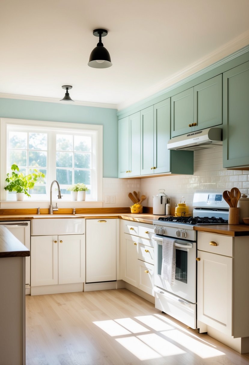 6 Modern Kitchen Paint Color Ideas 2 A bright and airy kitchen with pale blue walls, white cabinets, and warm wood accents. Sunlight streams in through the window, illuminating the space