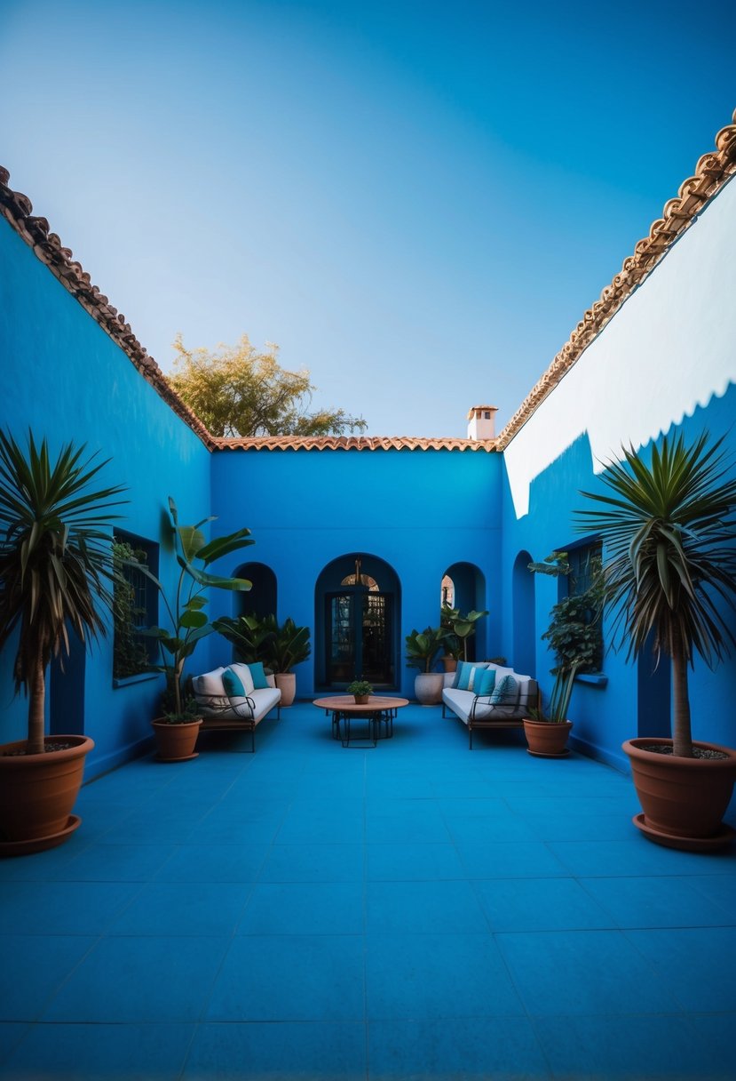 6 Modern Kitchen Paint Color Ideas 3 A spacious courtyard with a bold blue color scheme, featuring a calming atmosphere with potted plants and a cozy seating area