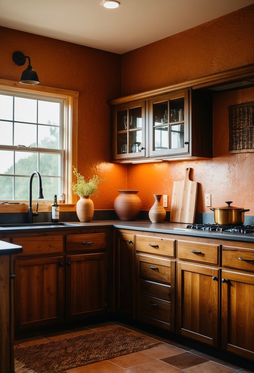 6 Modern Kitchen Paint Color Ideas 5 A kitchen with burnt clay walls, warm and vibrant, bathed in natural light from a large window, with wooden cabinets and earthy decor