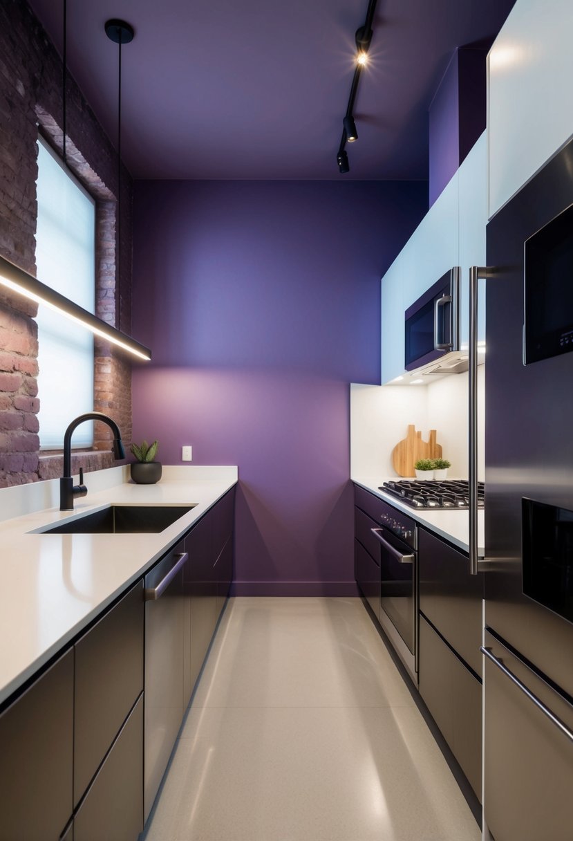 6 Modern Kitchen Paint Color Ideas 6 A sleek, minimalist kitchen with ancient violet walls, accented with modern stainless steel appliances and clean, white countertops