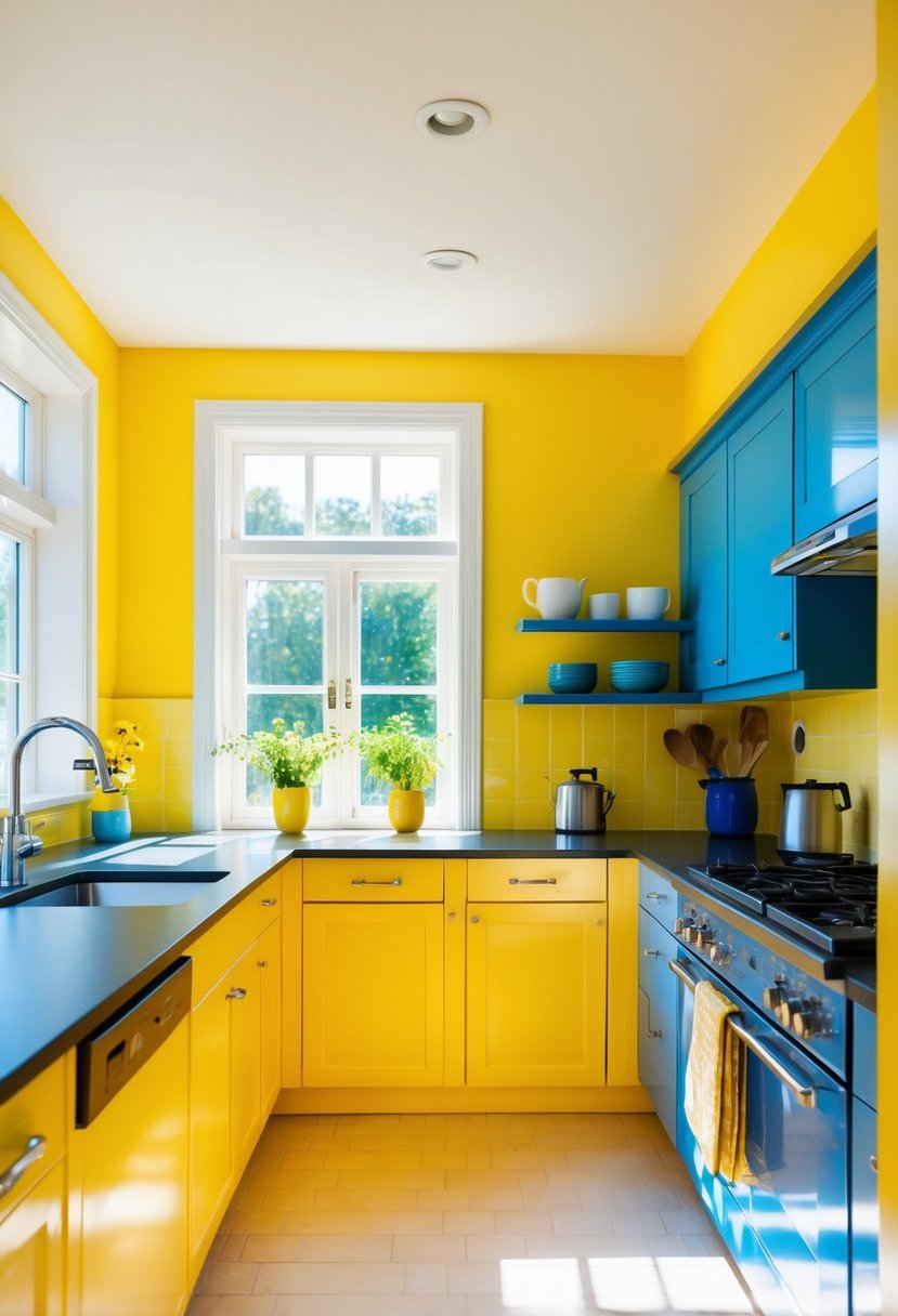 6 Modern Kitchen Paint Color Ideas 9 A bright, sunny kitchen with yellow walls and blue accents. The natural light streams in through the window, casting a warm glow over the space